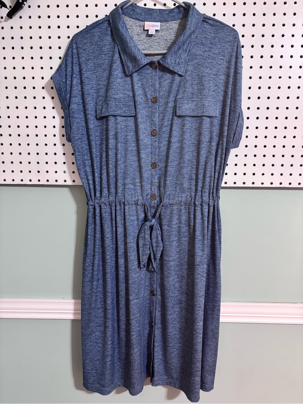 LuLaRoe Heathered Blue Button-Front Midi Dress with Tie Waist